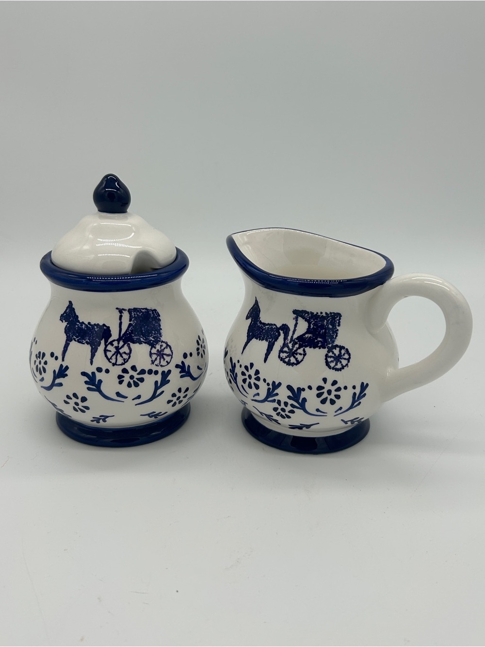 Vintage 1999 Cracker Barrel Blue White Horse Buggy Sugar Bowl and Creamer Set